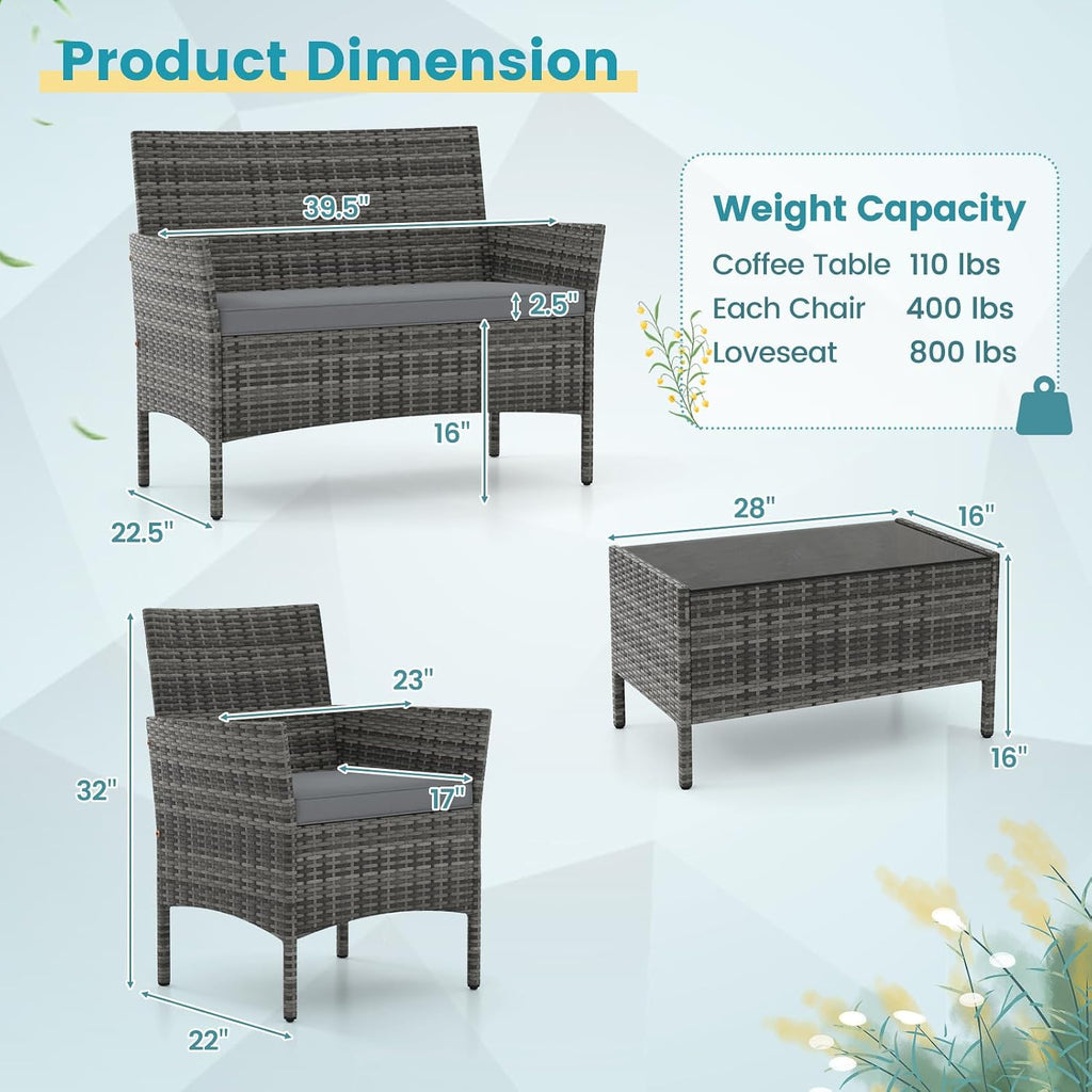 RELAX4LIFE 8-Piece Patio Furniture Set - Rattan Outdoor Conversation Bistro Set w/Cushions, Glass Coffee Table, Wicker Chairs & Loveseat for Garden Backyard Porch, Balcony Furniture Set (2, Mix Grey)
