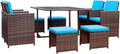 Devoko 9 Pieces Patio Dining Sets Outdoor Space Saving Rattan Chairs with Glass Table Patio Furniture Sets Cushioned Seating and Back Sectional Conversation Set (Blue)