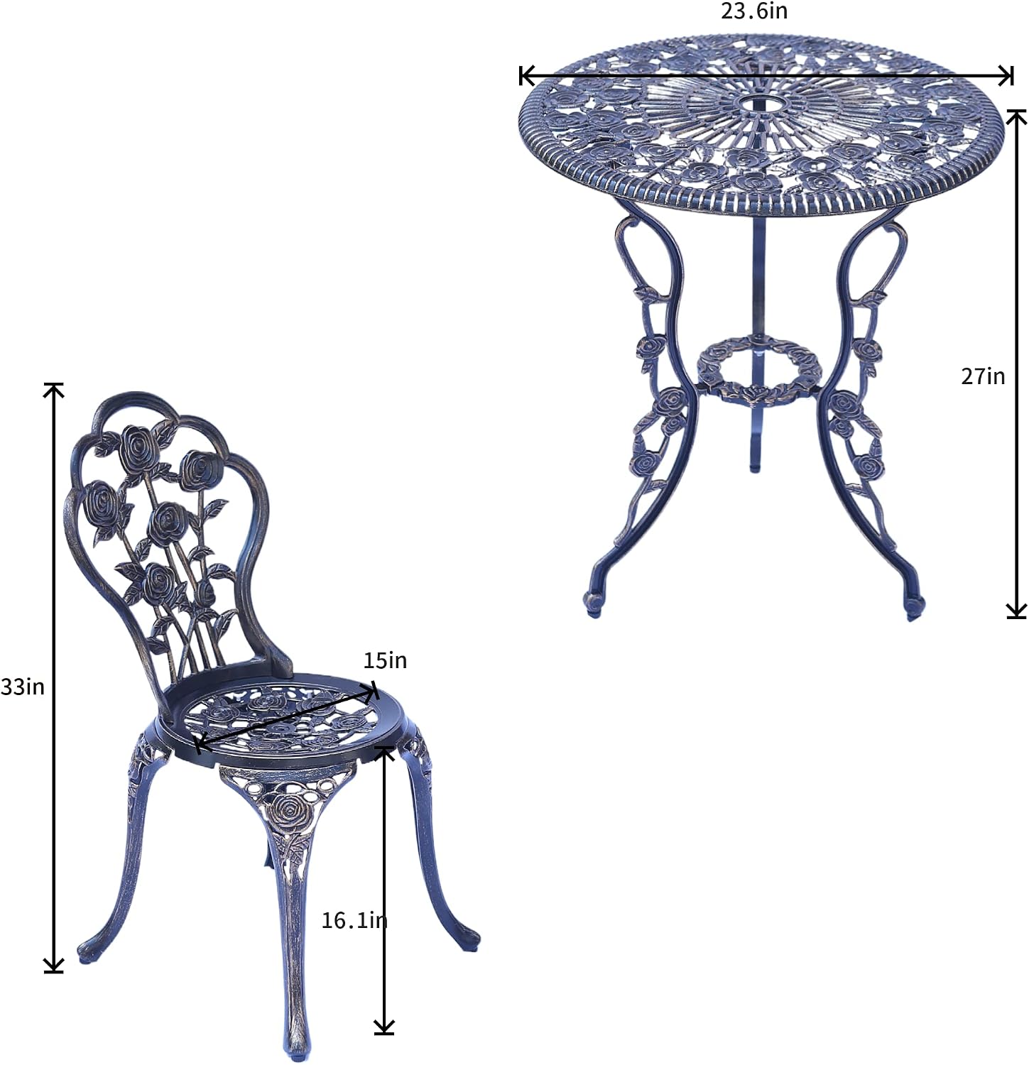 KAILI Outdoor Furniture Bistro Set with Rose Pattern 1 Table 2 Chairs for Garden Patio Porch (Rose-Bronzed)