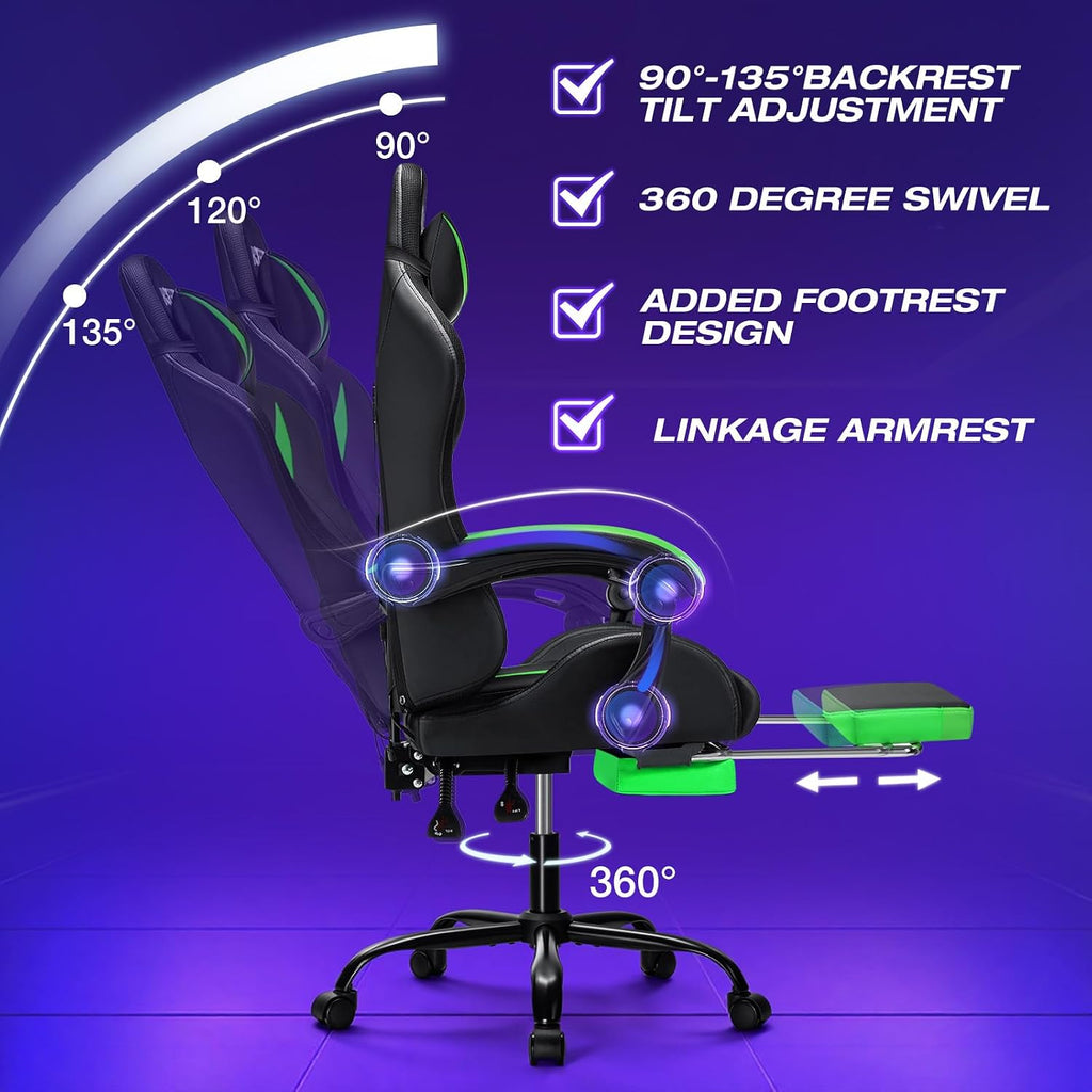 HOFFREE Gaming Chair with LED RGB Lights Massage Ergonomic Video Game Chairs with Footrest High Back Reclining Computer Chair with Adjustable Lumbar Support Green and Black