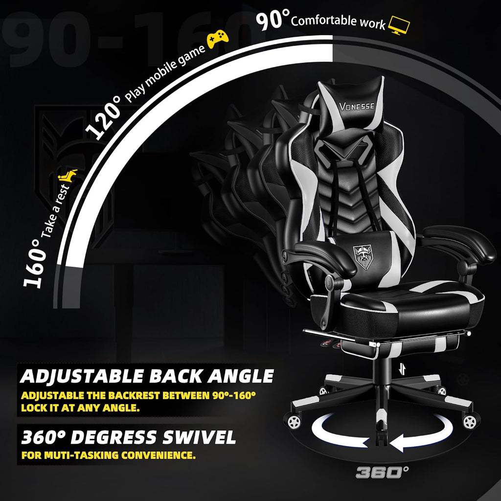 Vonesse Gaming Chair, Big and Tall Gaming Chair with Footrest and Massage, Gaming Chairs for Adults with Lumbar Support, Ergonomic High Back Computer Chair with Pocket Spring Cushion (White/Black)