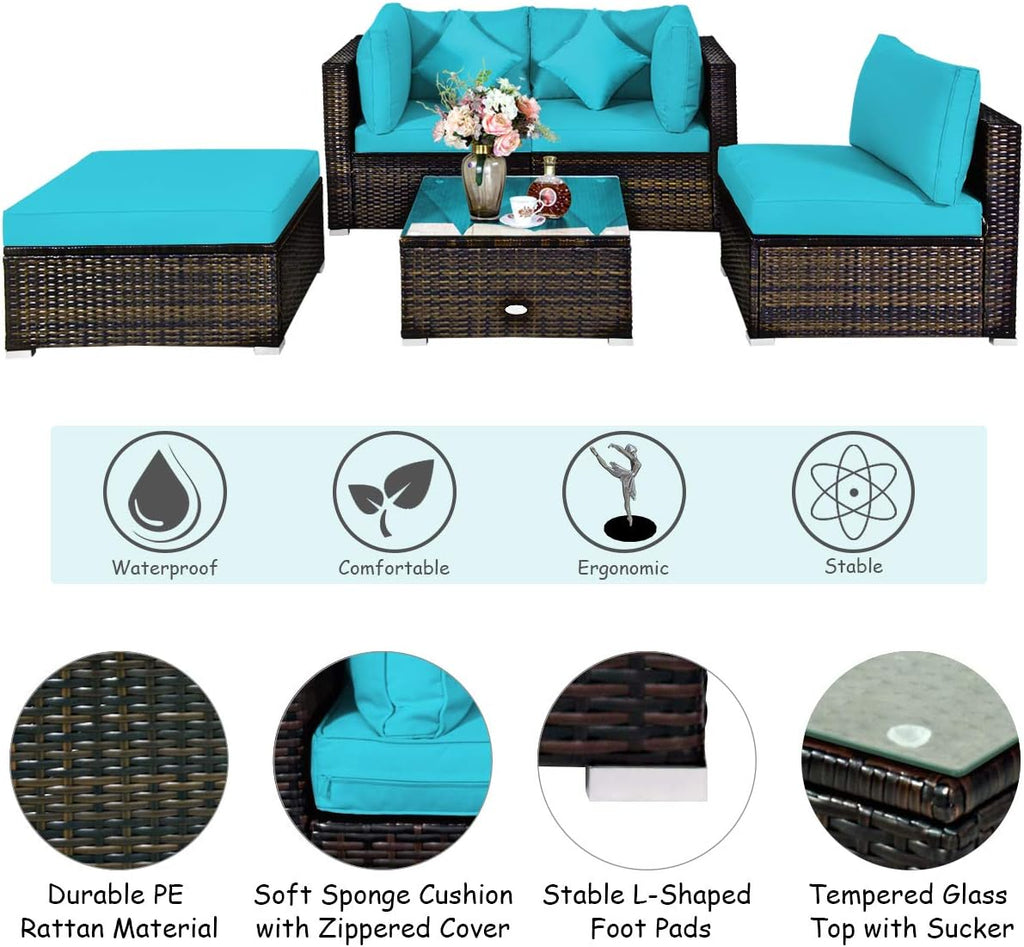 COSTWAY 5-Piece Outdoor Patio Furniture Set, Glass Top Coffee Table and Lounge Sofa with Cushions, PE Rattan Conversation Set for Garden, Deck, Backyard (Turquoise)