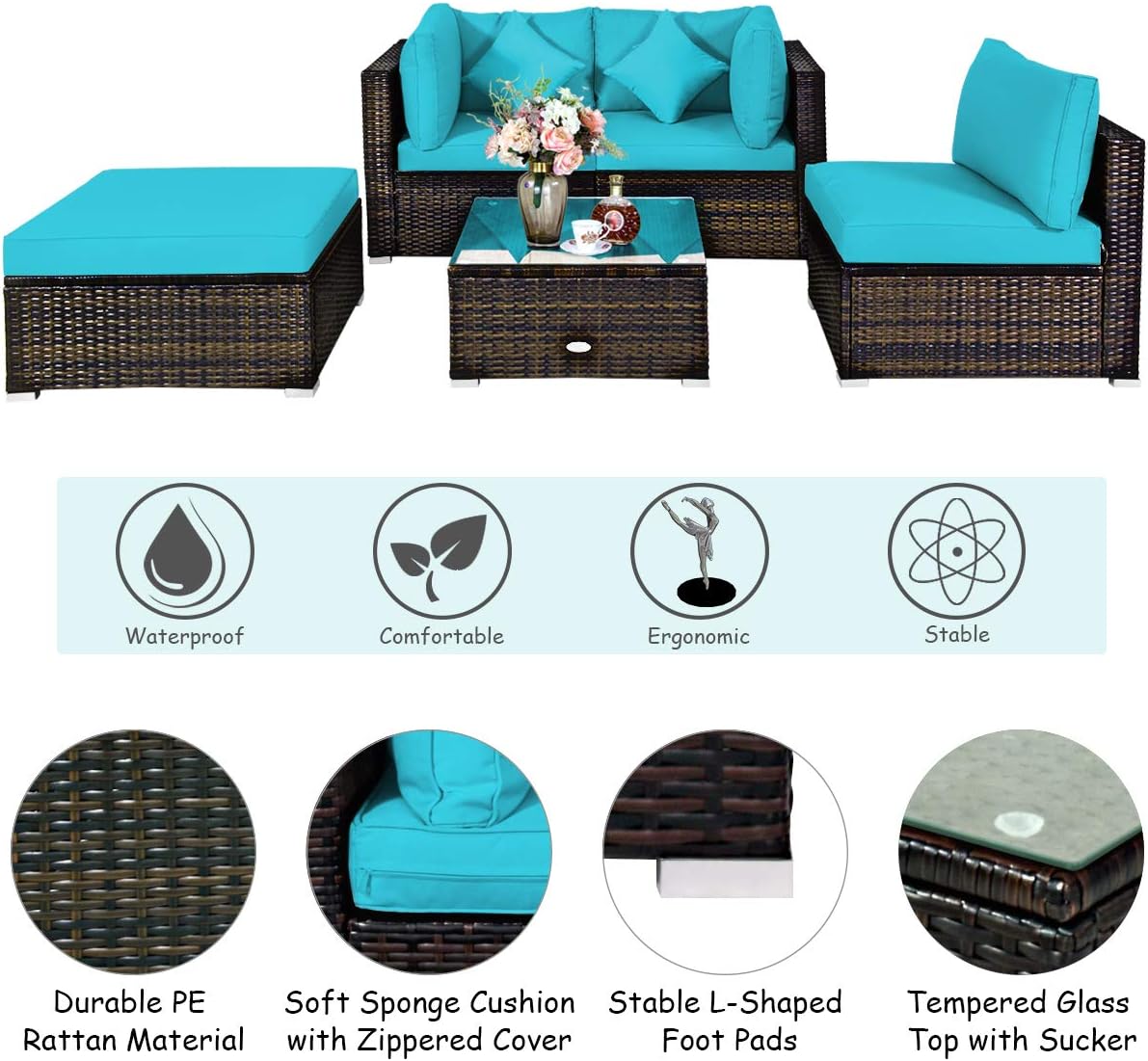 COSTWAY 5-Piece Outdoor Patio Furniture Set, Glass Top Coffee Table and Lounge Sofa with Cushions, PE Rattan Conversation Set for Garden, Deck, Backyard (Turquoise)
