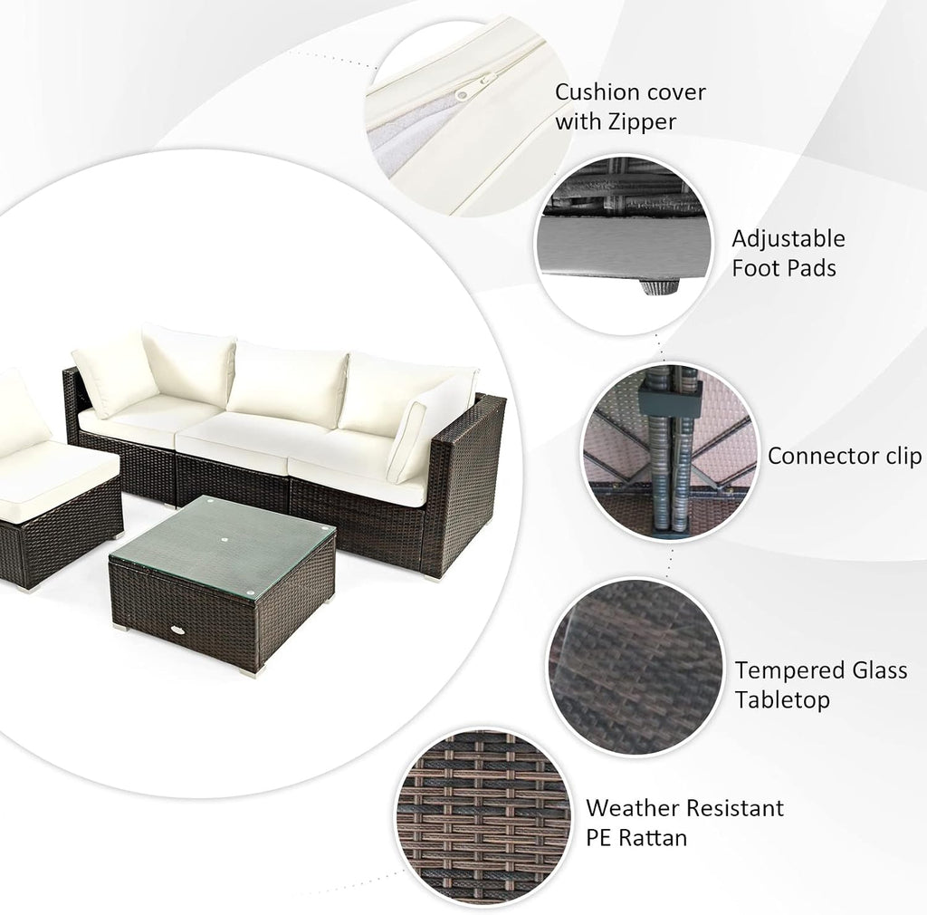 Tangkula 6-Piece Patio Furniture Set with 30' Propane Fire Pit Table, Outdoor PE Wicker Conversation Set with Cushions and Tempered Glass Coffee Table, Gas Fire Pit Table with 50,000 BTU (Off White)