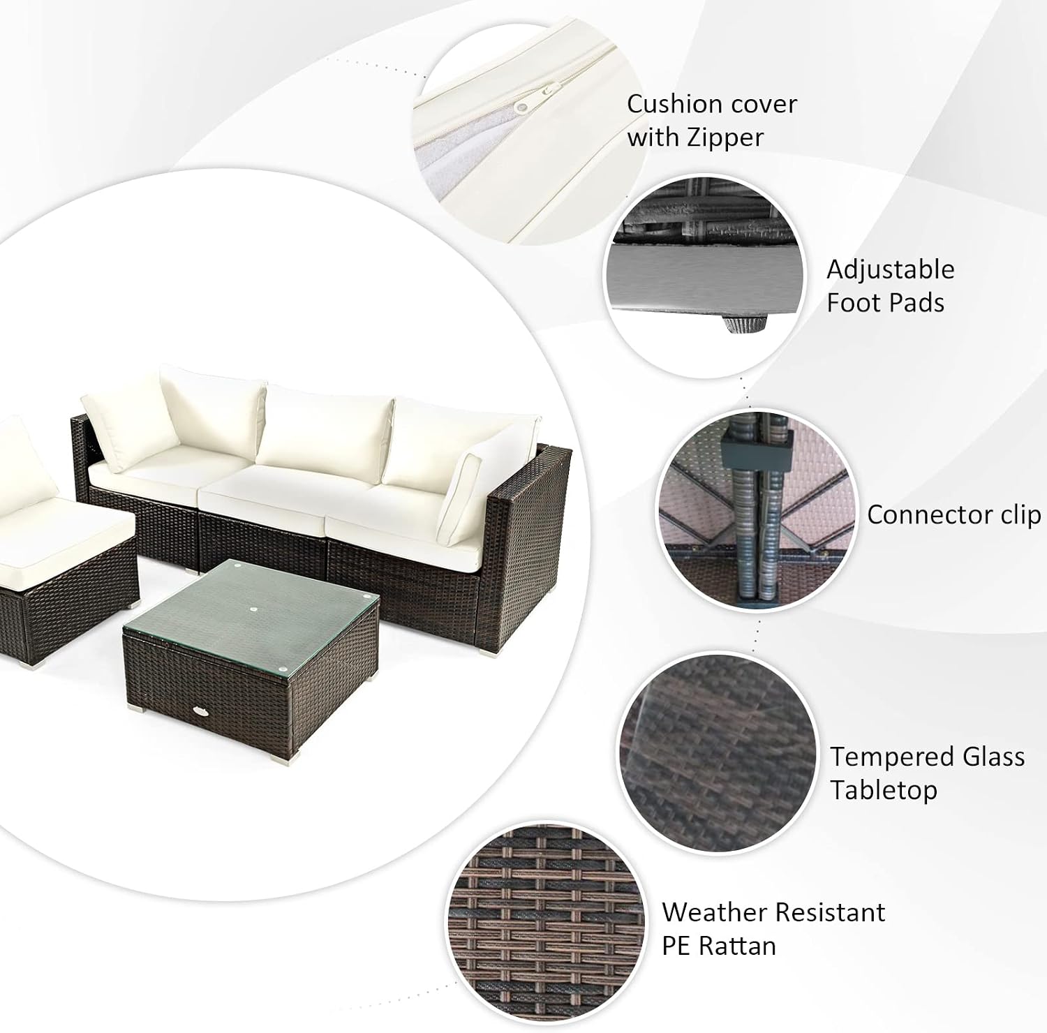 Tangkula 6-Piece Patio Furniture Set with 30' Propane Fire Pit Table, Outdoor PE Wicker Conversation Set with Cushions and Tempered Glass Coffee Table, Gas Fire Pit Table with 50,000 BTU (Off White)