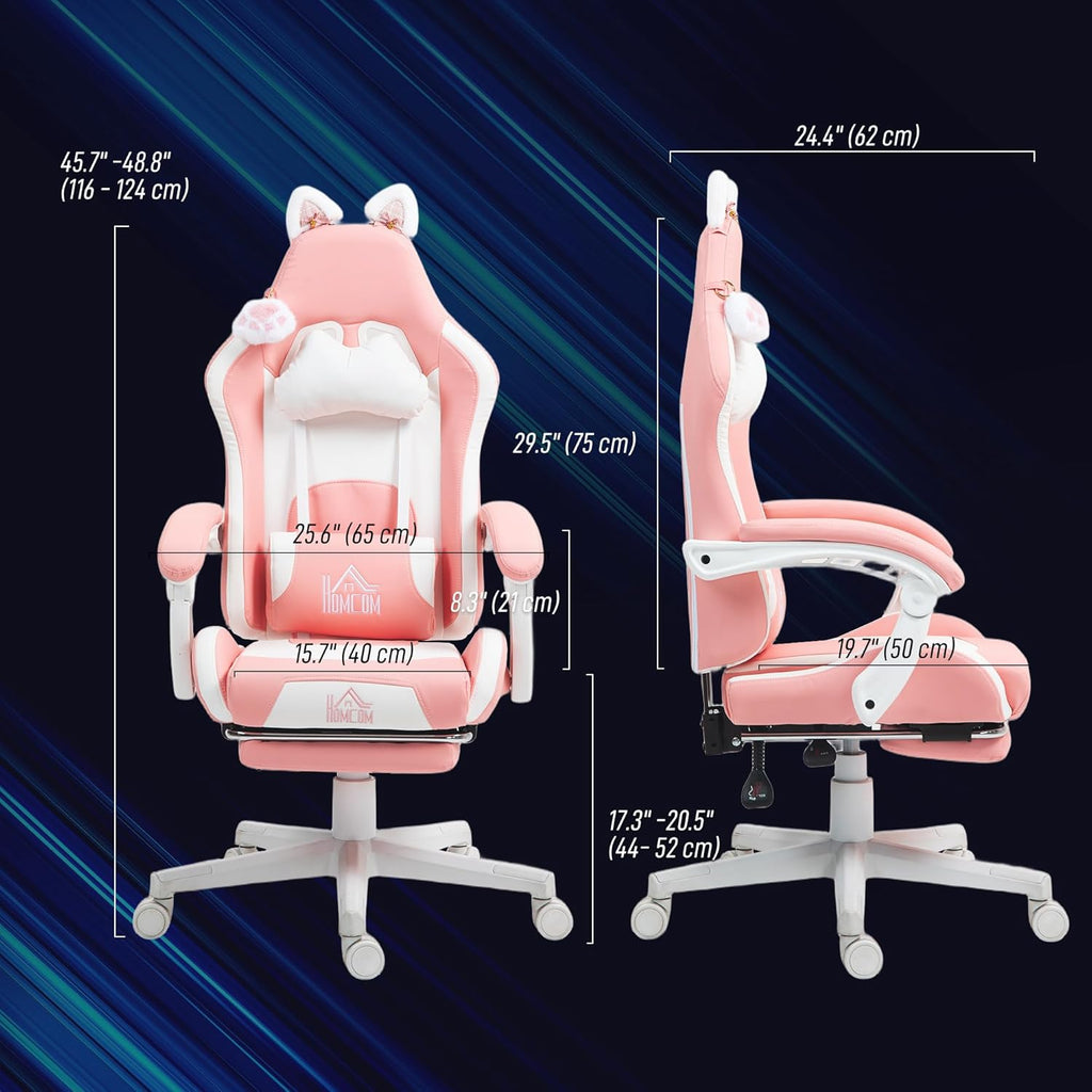 HOMCOM Racing Gaming Chair with Cat Ears, Reclining Faux Leather Computer Chair with Footrest, Lumbar Support and Headrest, Height Adjustable Gamer Chair with Swivel Seat and Wheels, Pink