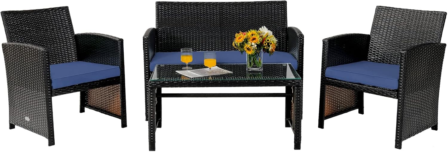 COSTWAY Patio Furniture Set 4 Pieces, Outdoor Wicker Chairs Sofa w/Coffee Table and Soft Cushions, Rattan Conversation Sets for Patio Lawn Backyard Yard Pool Garden, Navy