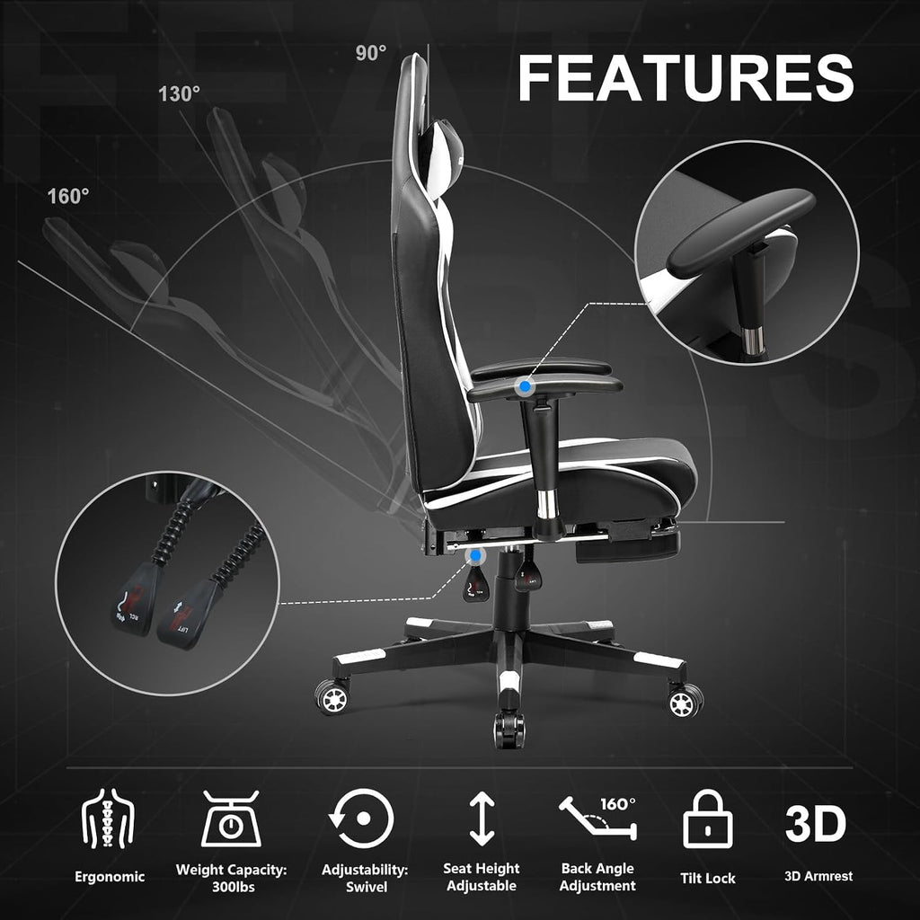 GTPLAYER Gaming Chair with Footrest, Ergonomic Computer Game Desk Chair, Recline Gaming Chair Seat Height Adjustment, Swivel Rocker with Headrest and Lumbar (White)