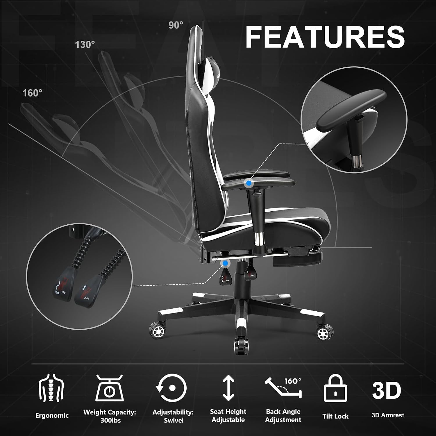 GTPLAYER Gaming Chair with Footrest, Ergonomic Computer Game Desk Chair, Recline Gaming Chair Seat Height Adjustment, Swivel Rocker with Headrest and Lumbar (White)