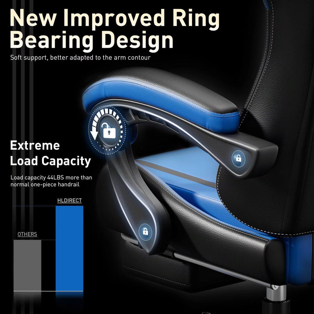 HLDIRECT Gaming Chair, Ergonomic Video Game Seat with 360° Swivel & Lumbar Massage, Computer Chair PU Leather Cushion for Adults Home/Office Use (Black & Blue)