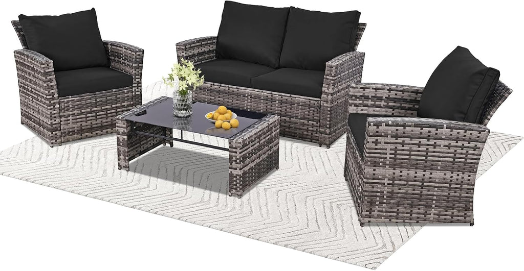 FHFO 4 Piece Patio Furniture Set, Wicker Outdoor Conversation Furniture Set, All Weather Patio Sofa Couch with Cushion & Glass Table, Grey/Black