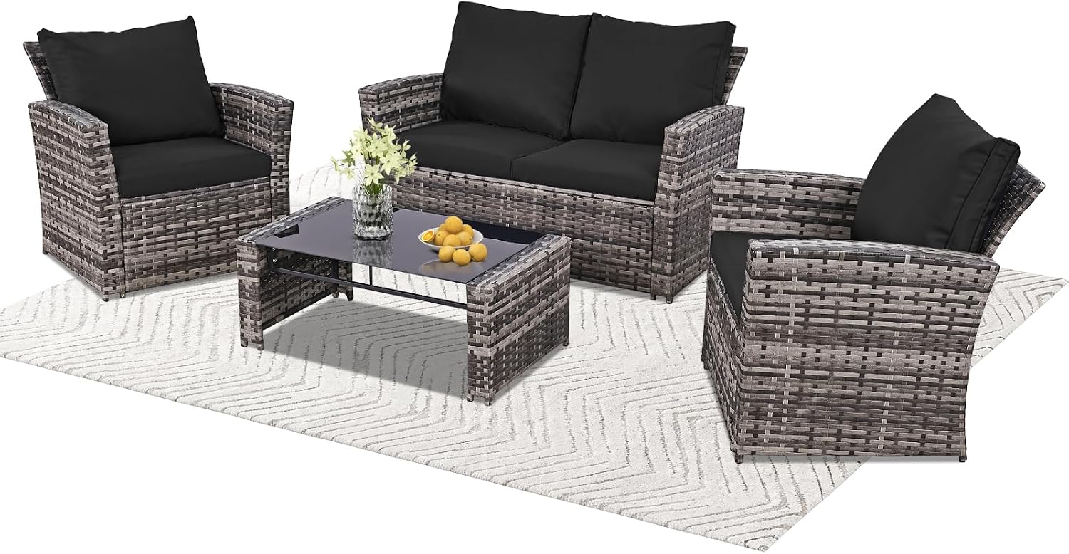 FHFO 4 Piece Patio Furniture Set, Wicker Outdoor Conversation Furniture Set, All Weather Patio Sofa Couch with Cushion & Glass Table, Grey/Black
