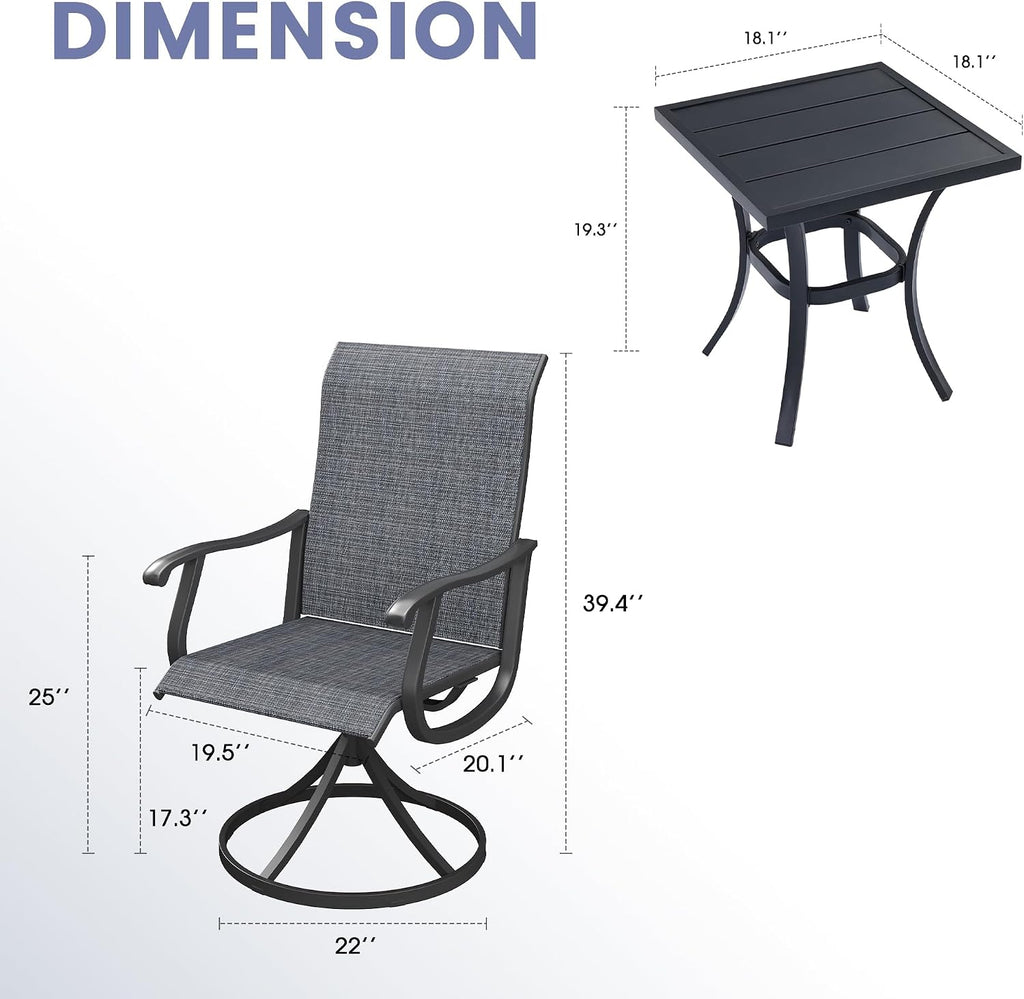 VICLLAX 3 Pieces Small Outdoor Furniture, 2 Patio Swivel Chairs and Small Square Outdoor Table for 2, Dark Charcoal Chairs & Black