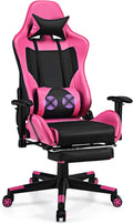 Giantex Massage Gaming Chair Pink, Ergonomic Video Game Chair with Footrest, High Back E-Sport Computer Chair with Headrest & Massager Lumbar Support, PU Leather Gaming Seat