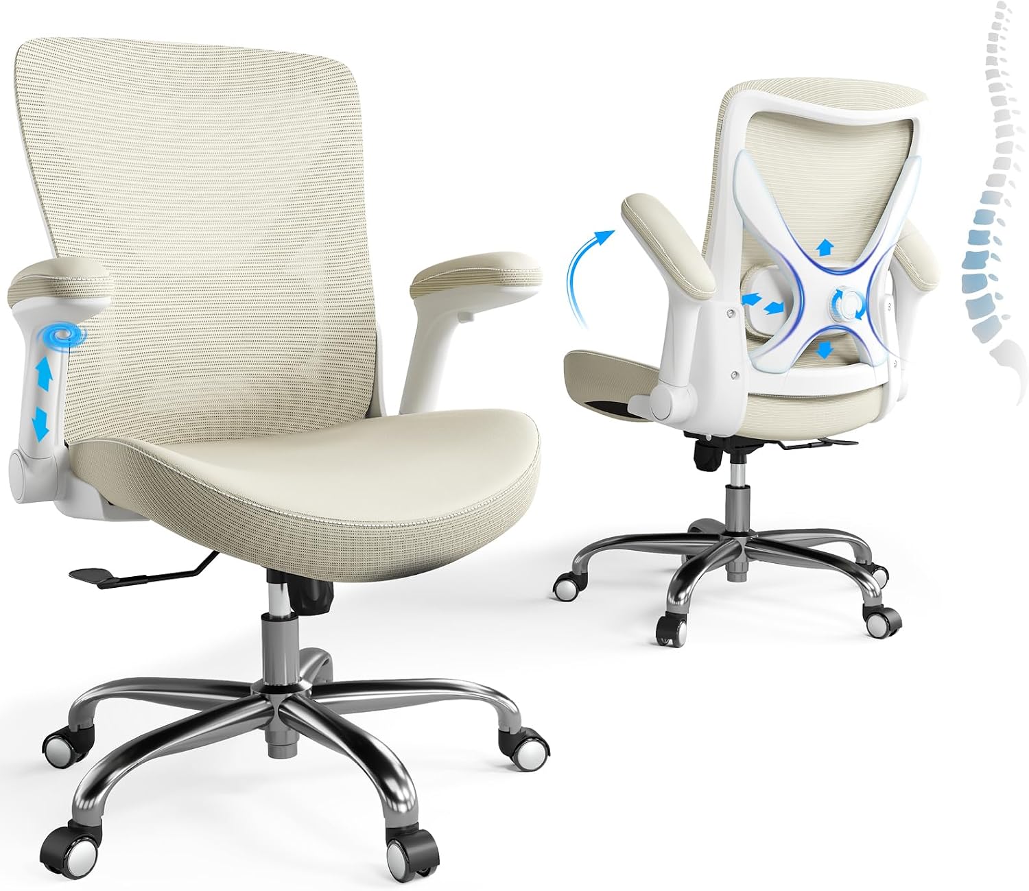 Ergalithic Office Home Ergonomic Desk Chair-Computer X-Shaped Chair Mesh PU Leather with Adjustable Lumbar Support-Executive Chair High Back Flip-Up Arms for Long Hours (Beige-No Headrest)