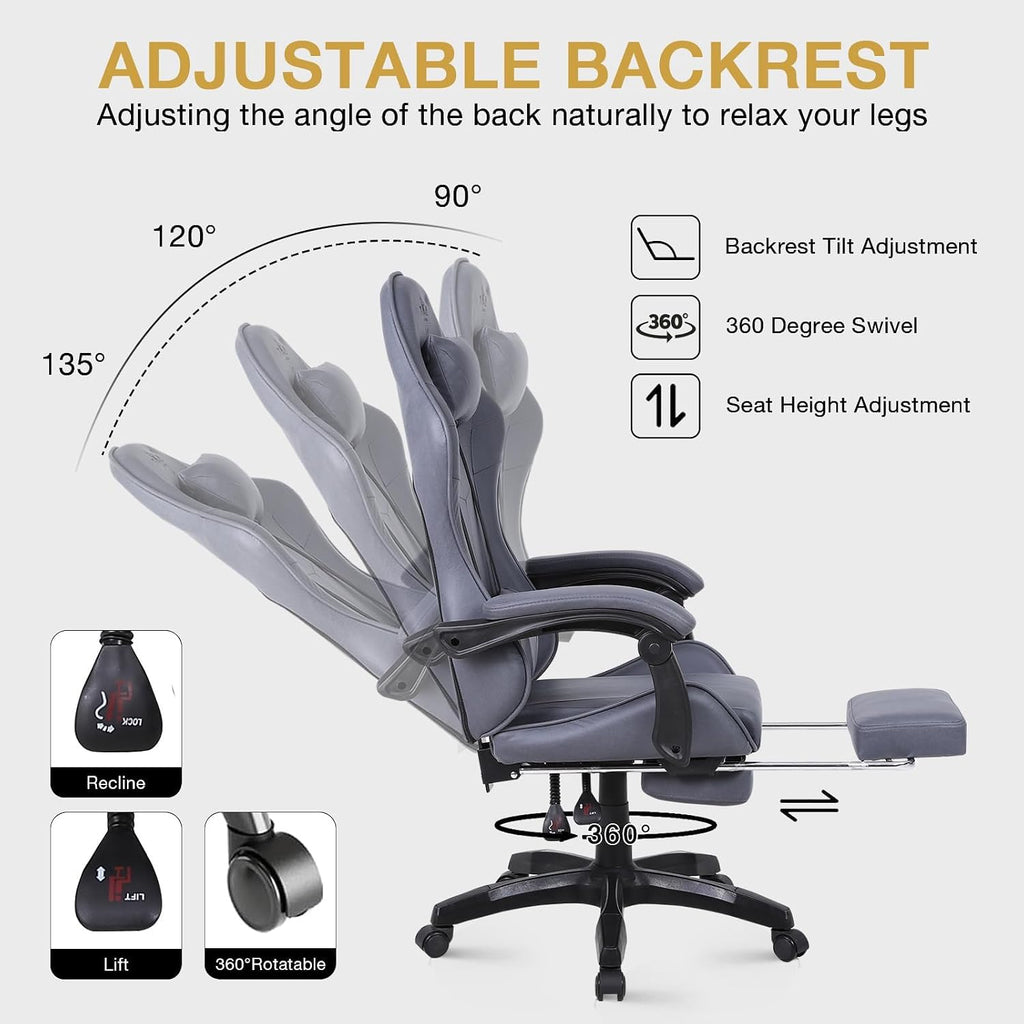 High-Back PC Gaming Chair Office Chair, Desk Task Chair Computer Racing Chair, PU Ergonomic Executive Swivel Rolling Chair with Lumbar Support for Women, Men (Grey)