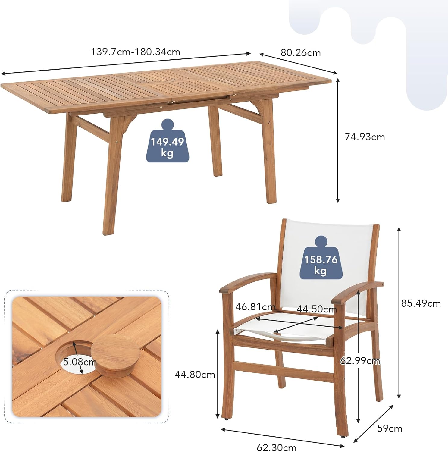 OC Orange-Casual Patio Furniture Set, Acacia Wood Patio Dining Set for 6-8, Outdoor Expandable Table and Chairs Set with Umbrella Hole and Breathable Textilene Fabric for Garden (White, 5 Pieces)