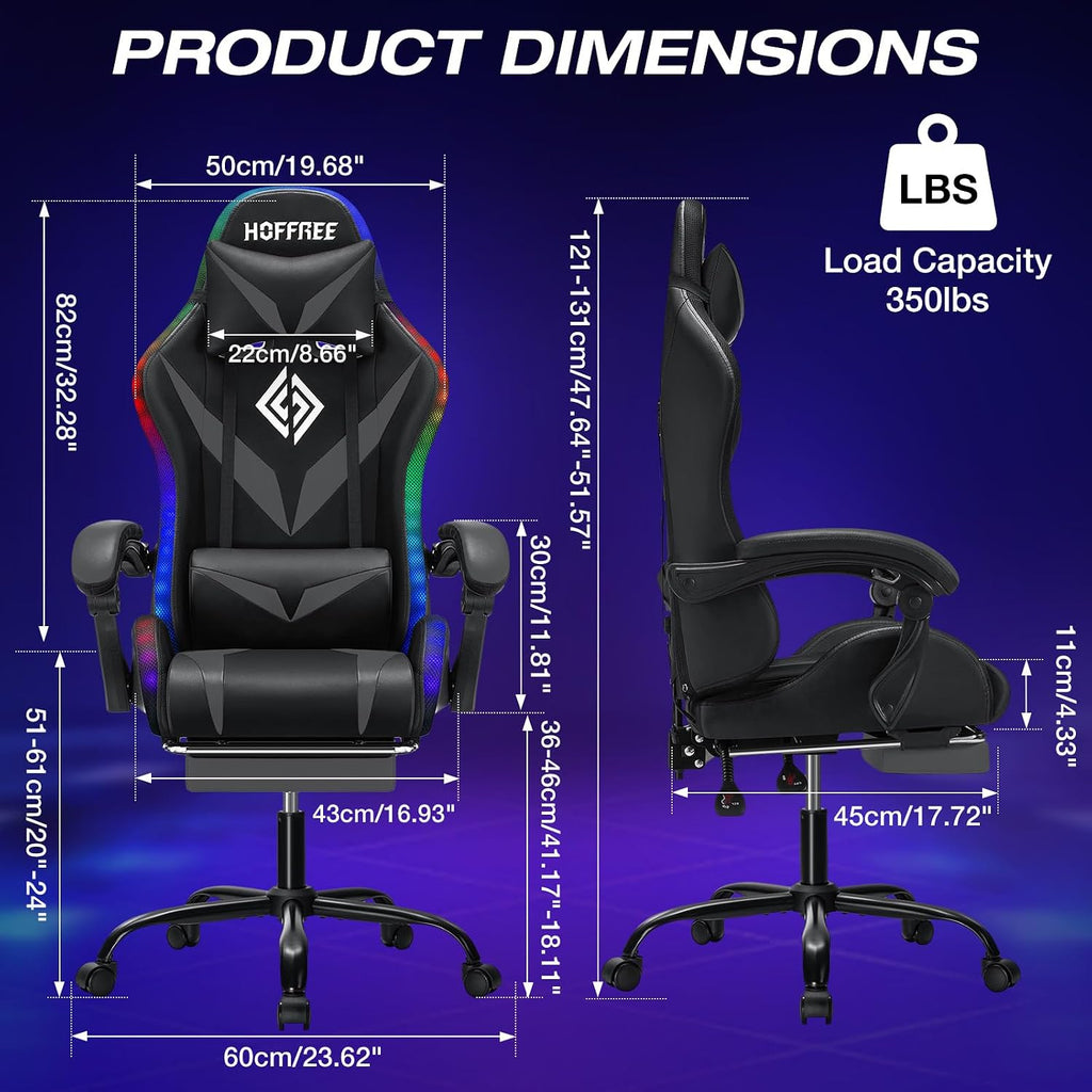 Gaming Chair Massage with LED RGB Lights and Footrest Ergonomic Computer Chair High Back Video Game Chair with Adjustable Lumbar Support Linkage Armrest Grey and Black