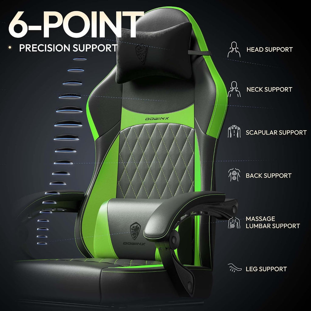 Dowinx Gaming Chair with Pocket Spring Cushion, Ergonomic Computer Chair with Massage Lumbar and Footrest for Adults, High Back Game Chair Leather for Office Gaming 300LBS, Green New