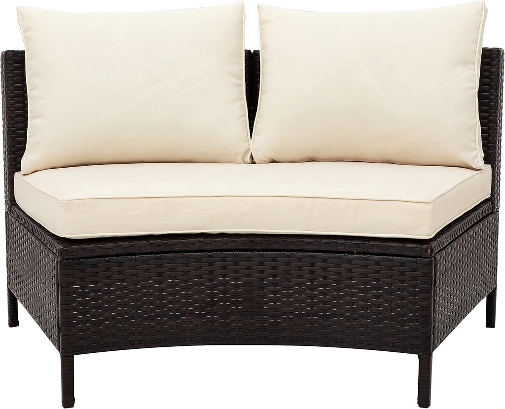 Merax 5-Piece Outdoor Sectional Sofa Set, All-Weather PE Wicker Patio Furniture with Tempered Glass Table, Half-Moon Conversation Set for Garden, Deck, Backyard Living Area,Beige