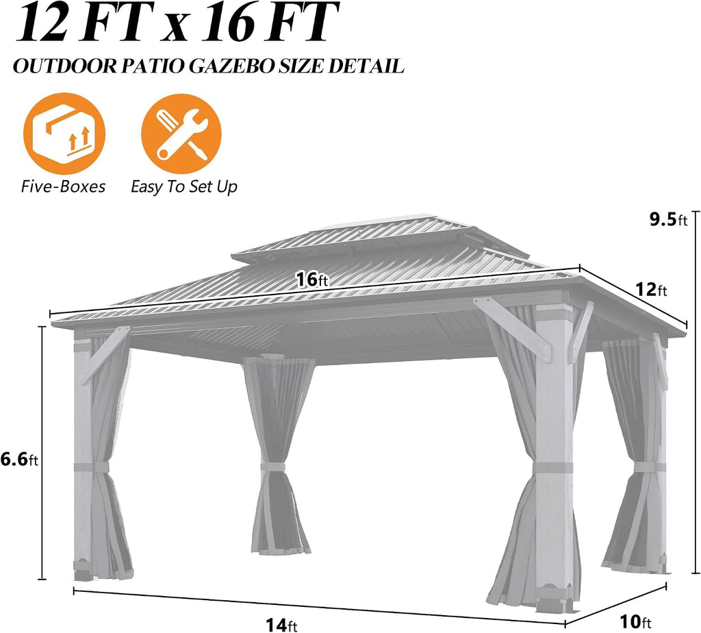 GARTOO 12' x 16' Outdoor Wood Gazebo - Permanent Wooden Hardtop Gazebo Pavilion with Double Curtains, Galvanized Steel Roof Cedar Wood Gazebos for Garden, Lawn, Poolside, Backyard Deck