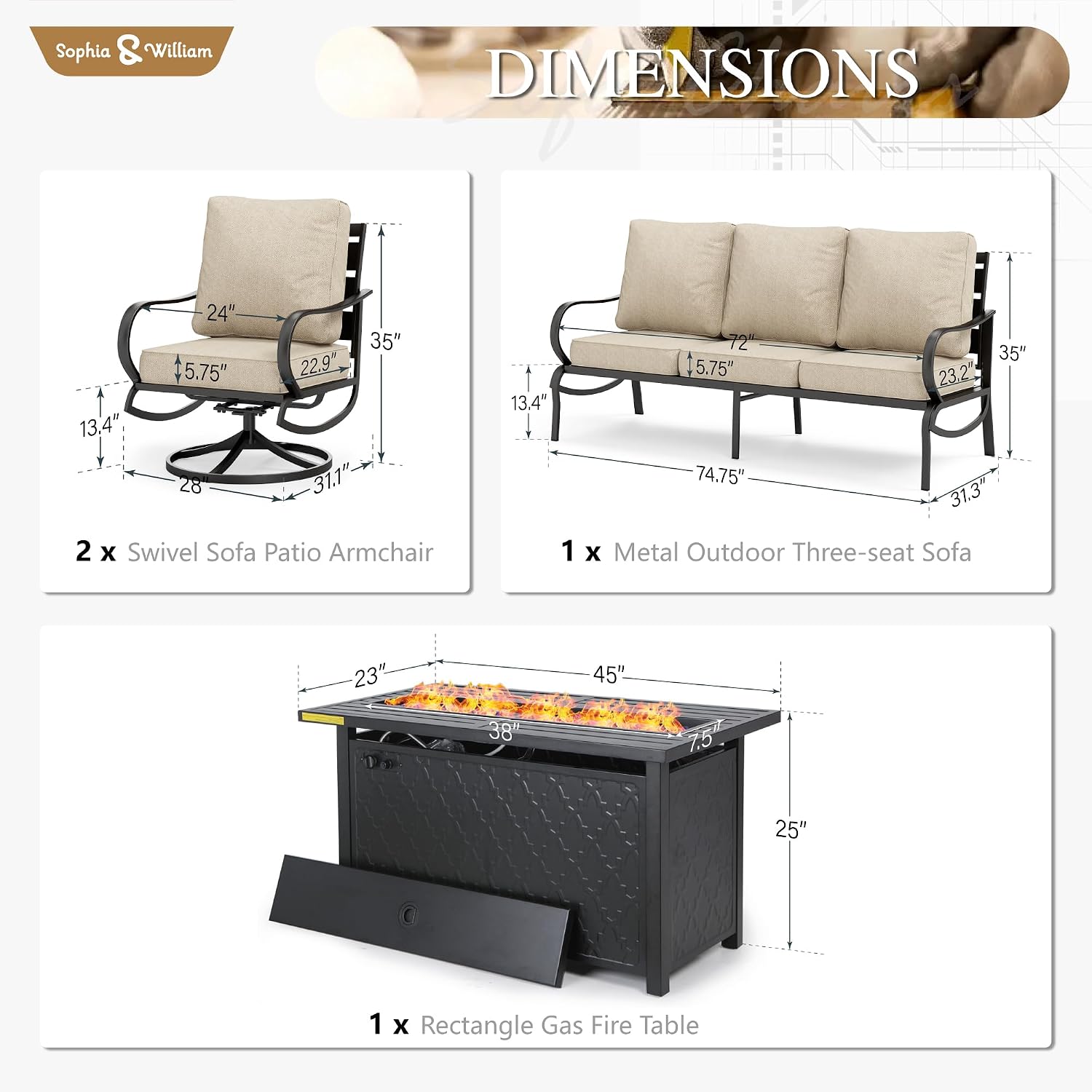 Sophia & William Patio Furniture Sets with 45' Gas Fire Pit Table Outdoor Metal Conversation Sets for 5, 2 x Swivel Cushioned Patio Sofa Chairs, 1 x 3-Seat Sofa 4 Pieces for Lawn Backyard Beige