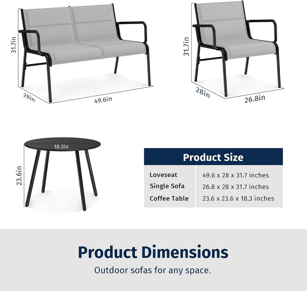 East Oak 4 Seats Outdoor Furniture Set, Waterproof Patio Furniture Set, Patio Loveseat with Coffee Table for Garden or Porch, 4-Piece Patio Conversation Sets for Balcony in Grey