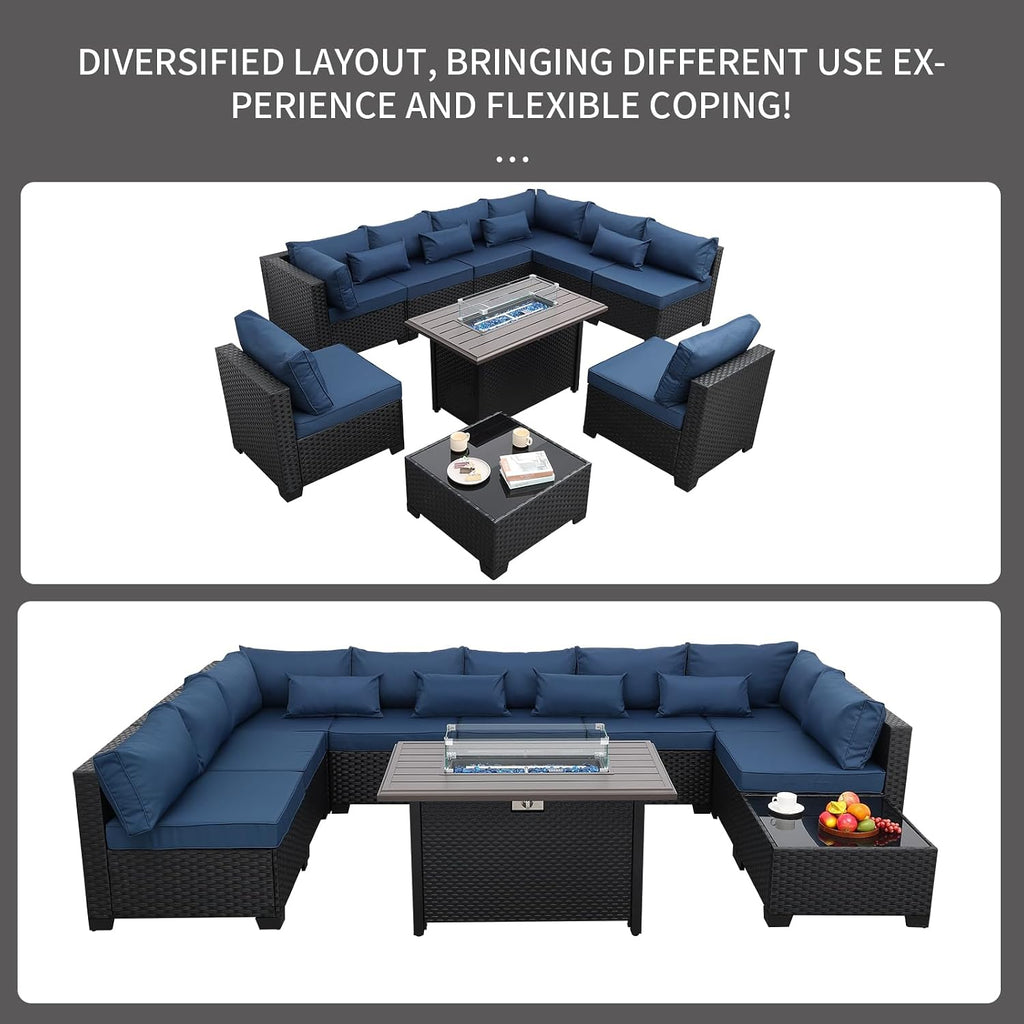 Rattaner 10 Pieces Outdoor Sectional All-Weather Wicker Patio Furniture Set Patio Sectional and Steel Fire Table and Glass Patio Table Non-Slip Cushions and Waterproof Covers, Navy Blue