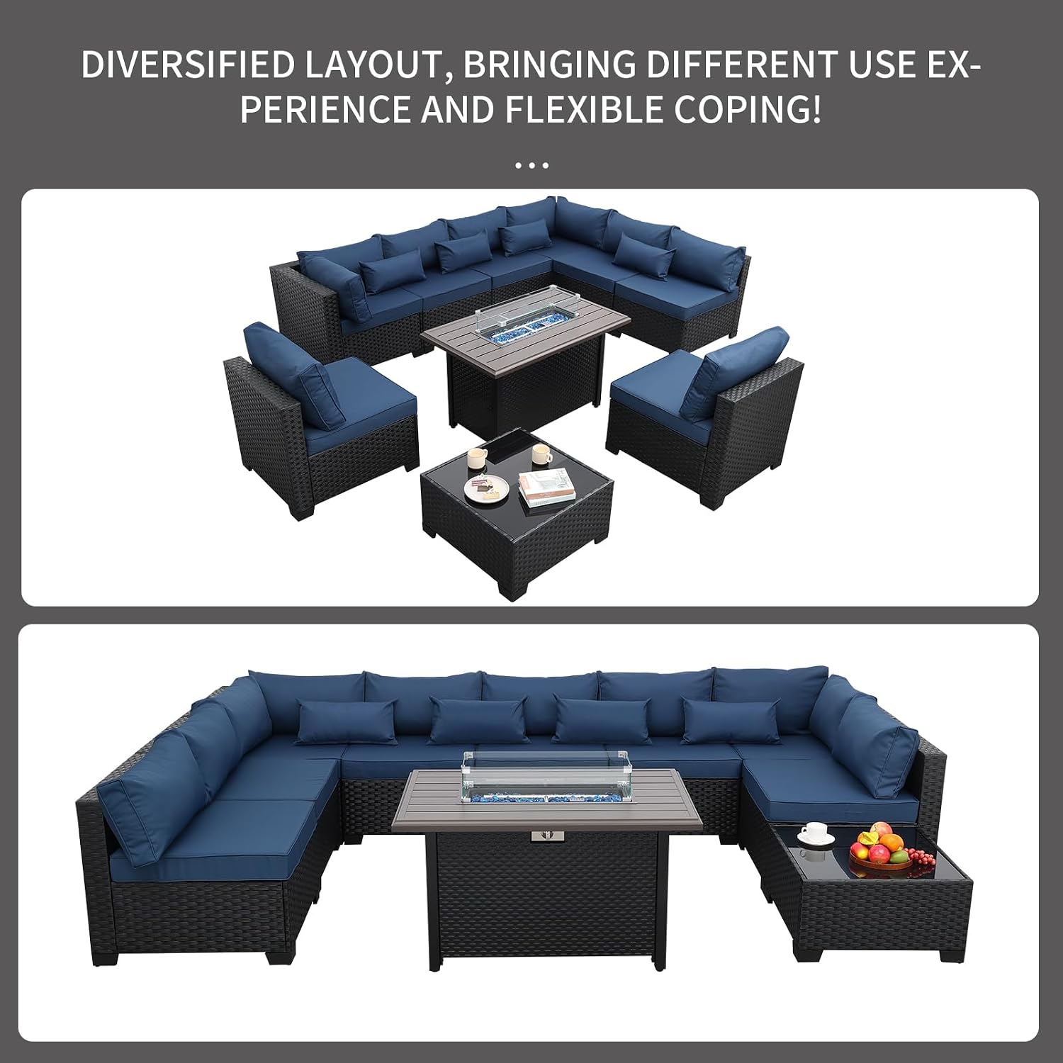 Rattaner 10 Pieces Outdoor Sectional All-Weather Wicker Patio Furniture Set Patio Sectional and Steel Fire Table and Glass Patio Table Non-Slip Cushions and Waterproof Covers, Navy Blue