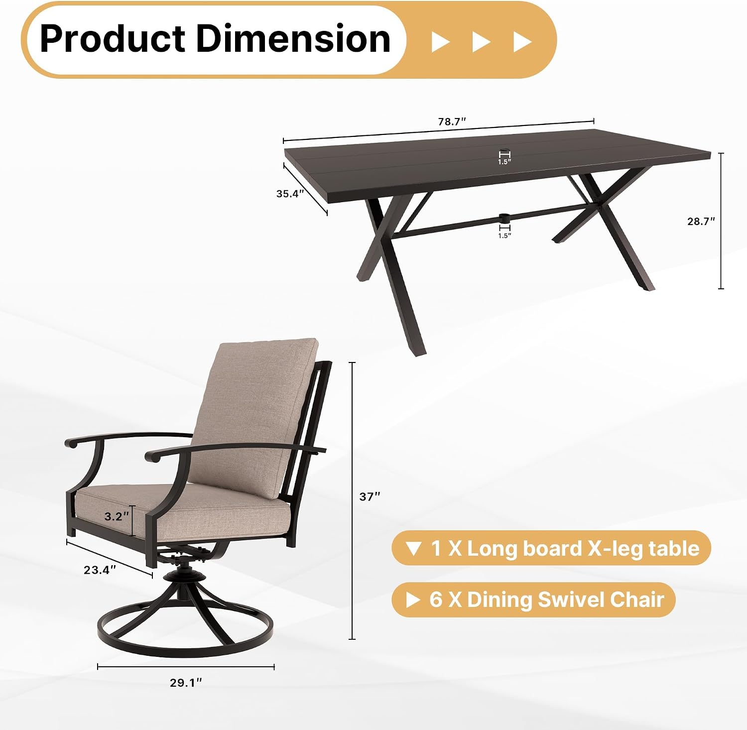 Gotland 7 Piece Outdoor Dining Set, Metal Outdoor Table and Swivel Chairs with X-Shaped Legs 1.5' Umbrella Hole, Patio Furniture Set with Waterproof Cushions, Patio Dining Sets for Backyard Deck Khaki