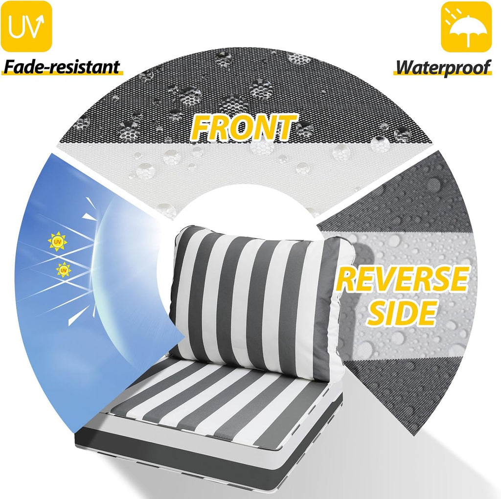 AAAAAcessories Outdoor Deep Seat Cushions, Waterproof, Fade-Resistant Patio Furniture Replacement Cushions, 24' x 24' x 5', Set of 4, Gray Cabana Stripe