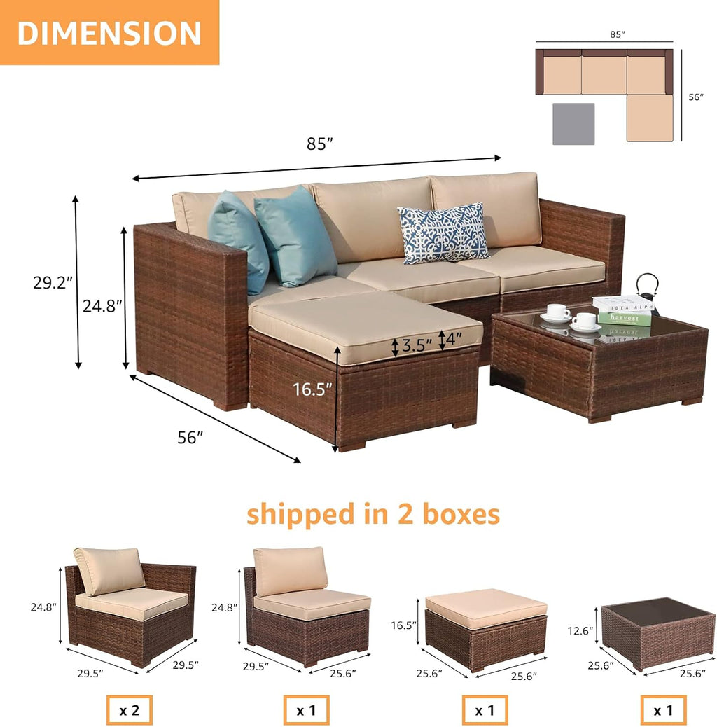 Patiorama 5 Piece Outdoor Patio Furniture Set, Outdoor Sectional Conversation Set, All-Weather Brown PE Wicker w/Beige Cushions, Outdoor Backyard Porch Garden Poolside Balcony Furniture Set