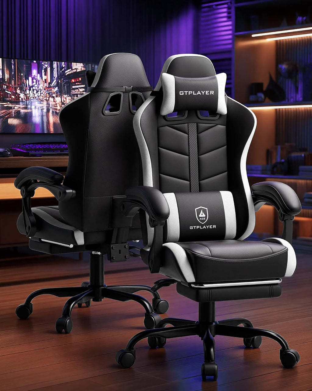 GTPLAYER Gaming Chair, Ergonomic Game Computer Chairs with Foot Rest for Adults, Adjustable PC Game Chair with Reclining Function and Comfortable Headrest for Home and Office Use (White)