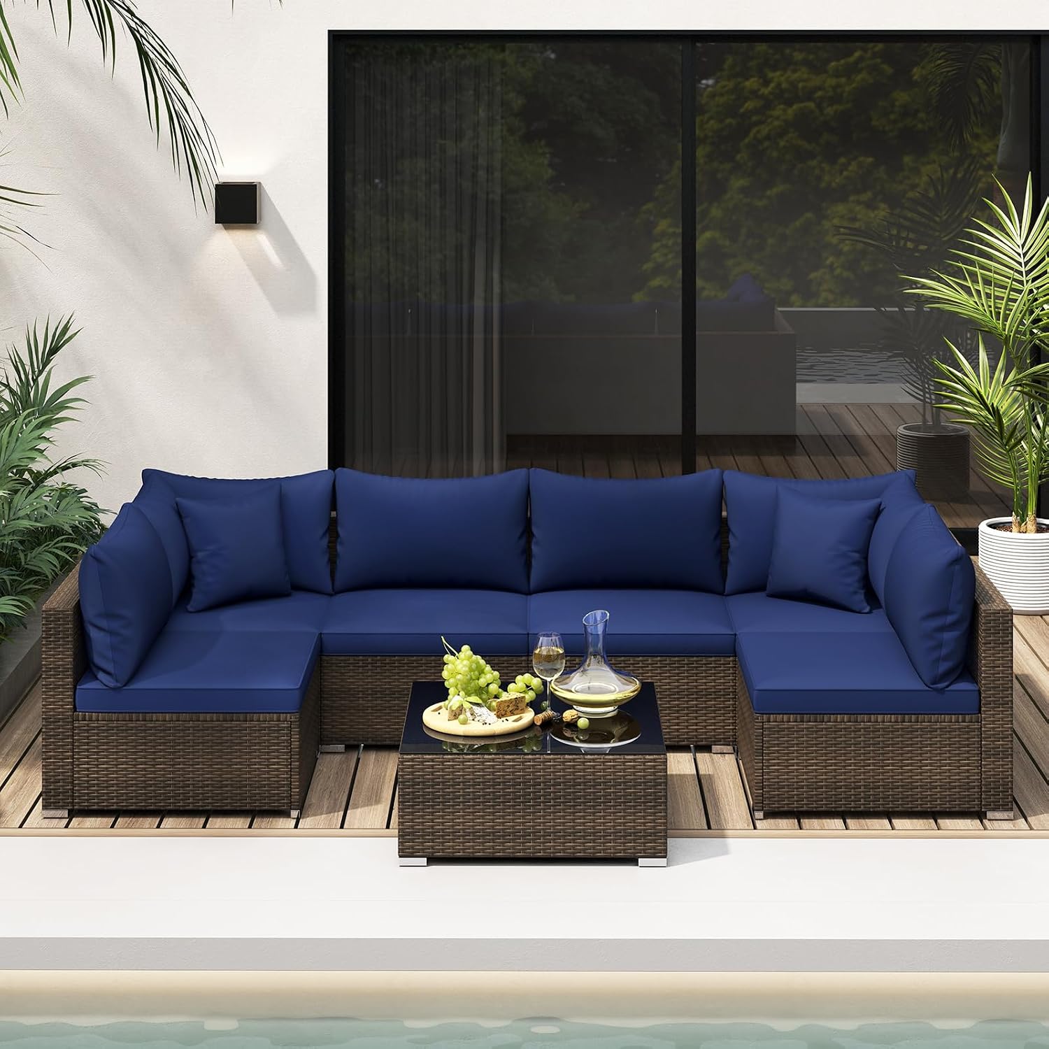 Tangkula 7 Piece Patio Wicker Furniture Set, Outdoor Rattan Sectional Sofa Set for 6 with Seat & Back Cushions, 2 Throw Pillows, Sofa Fastener Clips, for Backyard, Poolside, Deck (Mix Brown+Navy)