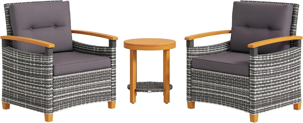 Outsunny 3 Pieces Wicker Outdoor Bistro Set, Rattan Patio Furniture Set with Acacia Wood Coffee Table and Porch Chairs for Backyard, Balcony, Garden, Gray