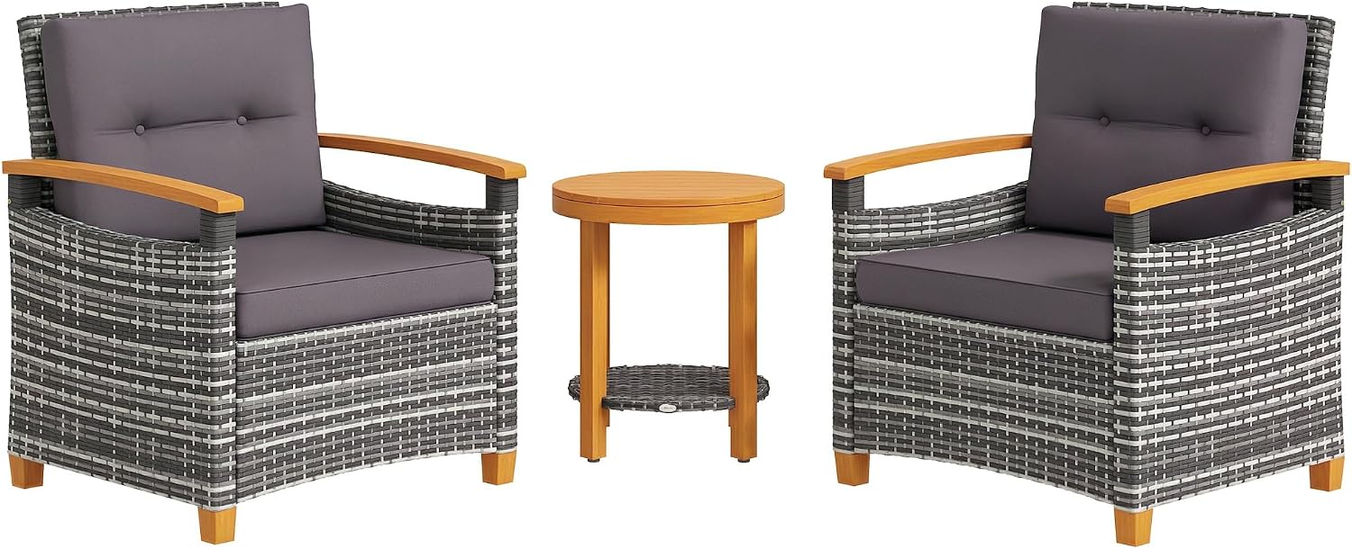 Outsunny 3 Pieces Wicker Outdoor Bistro Set, Rattan Patio Furniture Set with Acacia Wood Coffee Table and Porch Chairs for Backyard, Balcony, Garden, Gray