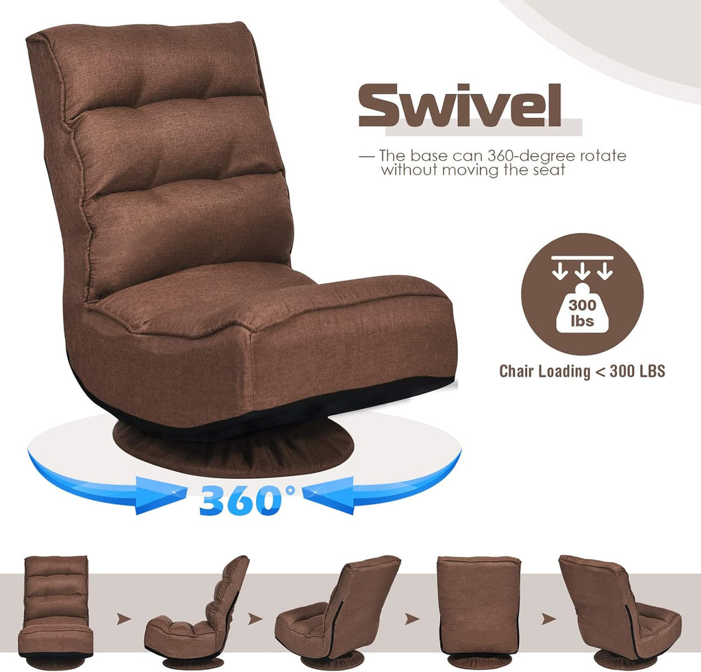 COSTWAY Folding Floor Chair, Adjustable 5-Position Video Gaming Chair with 360 Degree Swivel, Detachable Cover, Padded Backrest, Multipurpose Living Room Floor Lounger for TV Reading Playing, Coffee