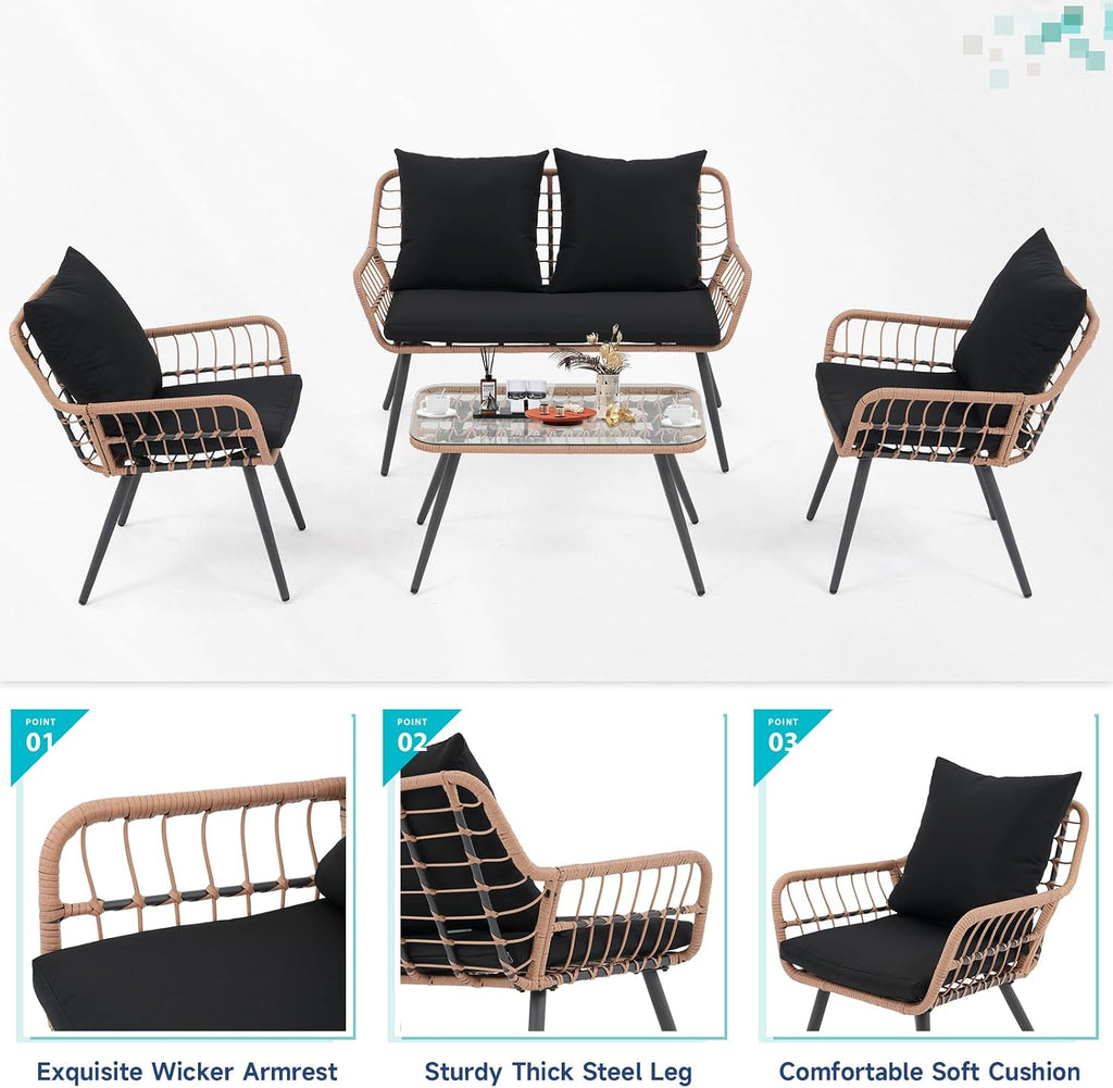Verano Garden 4 Pieces Patio Furniture Set, Outdoor Wicker Patio Conversation Set for Porch Deck, Boho Loveseat & 2 Armchairs with Cushion and Pillow, Tempered Glass Table