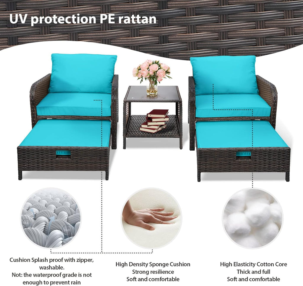 LEVELEVE Balcony Furniture 5 Piece Patio Conversation Set, PE Wicker Rattan Outdoor Lounge Chairs with Soft Cushions 2 Ottoman&Glass Table for Porch, Lawn-Brown Wicker