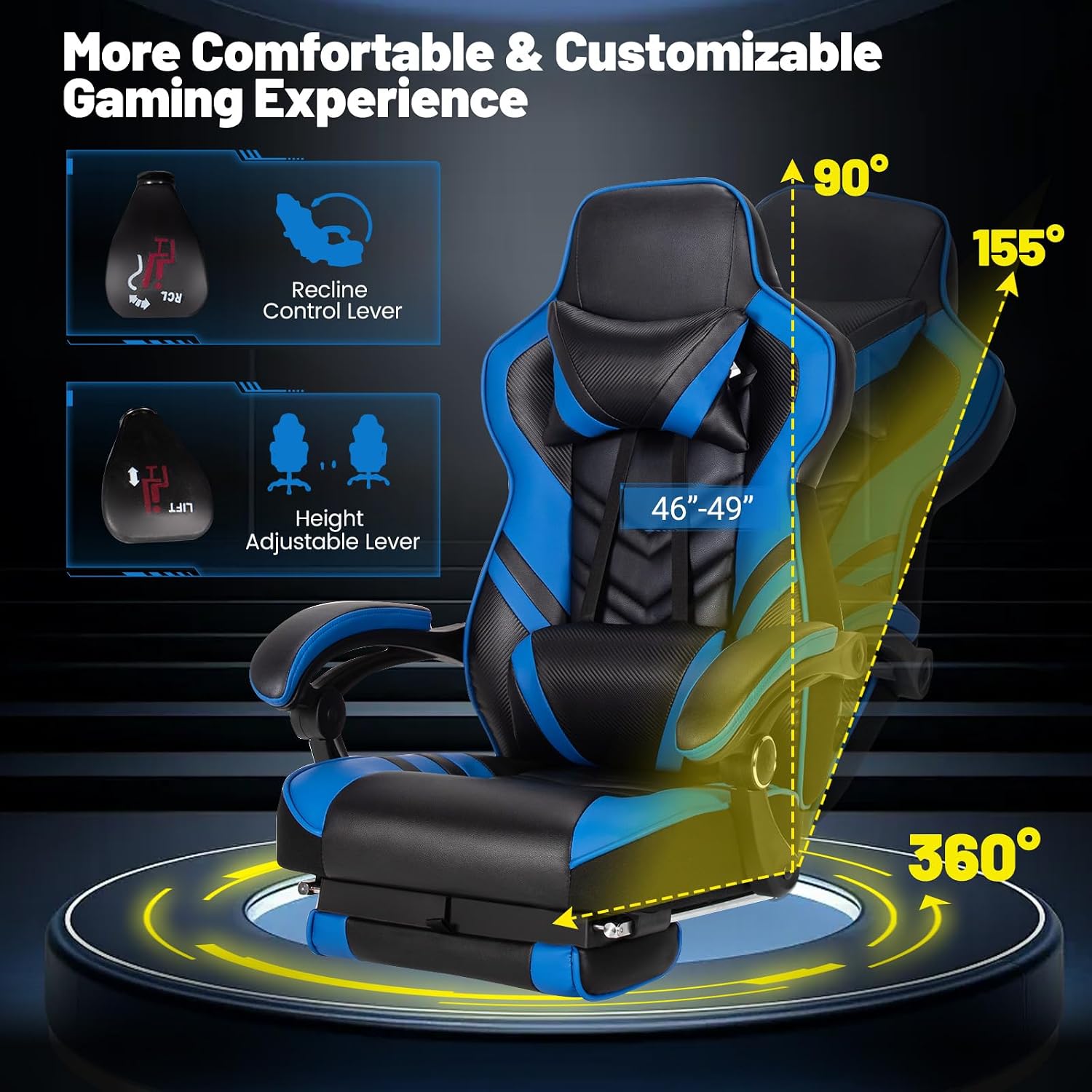 Goplus Gaming Chair, Computer Chair with Footrest and Lumbar Support, Height Adjustable Executive Swivel Rolling Task Chair with 90°-155° Tilt Function (Blue)