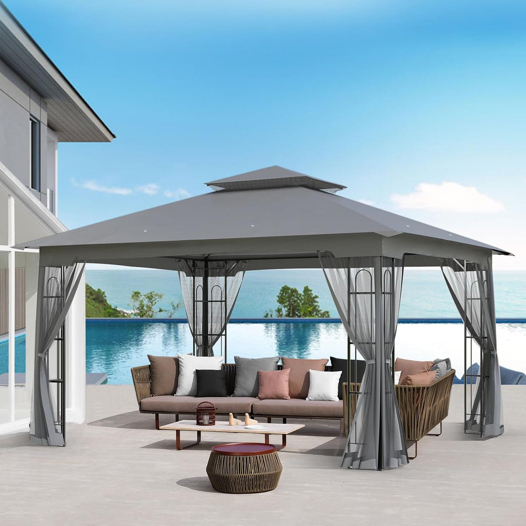 10x12 Outdoor Gazebo Tent with Netting, Double Roof Patio Gazebo with Soft Fabric Top, Outdoor Pavilion for Backyard Patio Garden Lawn, Gray