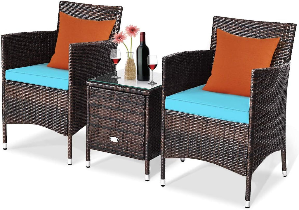 Tangkula Patio Furniture Set 3 Piece, Outdoor Wicker Rattan Conversation Set with Coffee Table, Chairs & Thick Cushions, Suitable for Patio Garden Lawn Backyard Pool