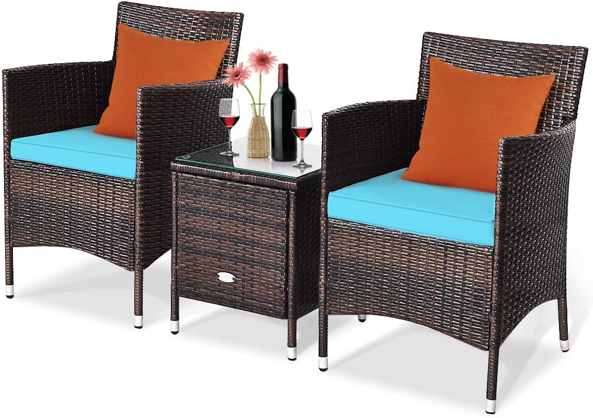 Tangkula Patio Furniture Set 3 Piece, Outdoor Wicker Rattan Conversation Set with Coffee Table, Chairs & Thick Cushions, Suitable for Patio Garden Lawn Backyard Pool