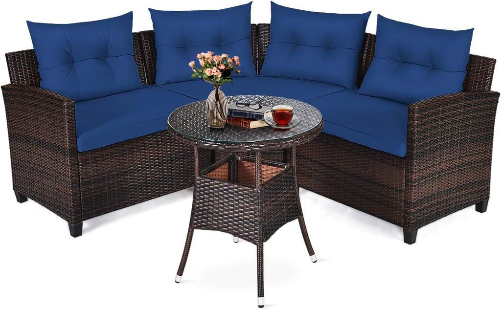 Tangkula 4-Piece C Shape Patio Furniture Set, Outdoor Corner Wicker Rattan Sectional Cushioned Sofa Set, with Glass Coffee Table, for Garden Poolside Balcony (Navy Blue)