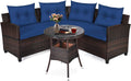 Tangkula 4-Piece C Shape Patio Furniture Set, Outdoor Corner Wicker Rattan Sectional Cushioned Sofa Set, with Glass Coffee Table, for Garden Poolside Balcony (Navy Blue)