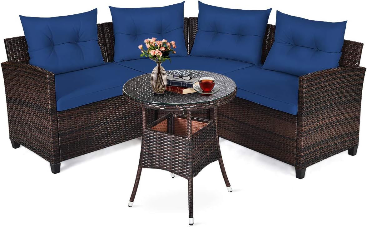 Tangkula 4-Piece C Shape Patio Furniture Set, Outdoor Corner Wicker Rattan Sectional Cushioned Sofa Set, with Glass Coffee Table, for Garden Poolside Balcony (Navy Blue)