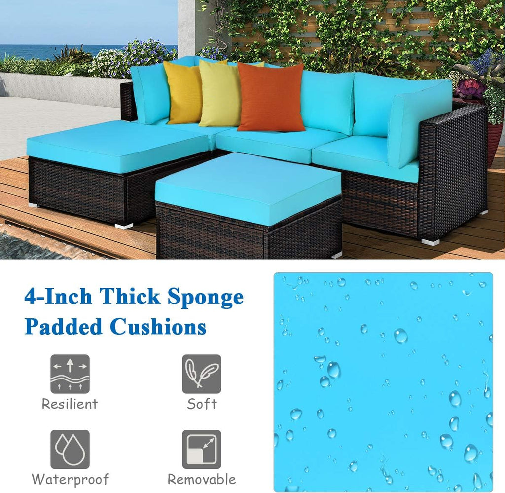 Tangkula 5 Piece Patio Furniture Set, Outdoor Sectional Rattan Sofa Set with Cushions and Coffee Table, Suitable for Backyard Porch Garden Poolside and Deck, Wicker Conversation Set (Turquoise)