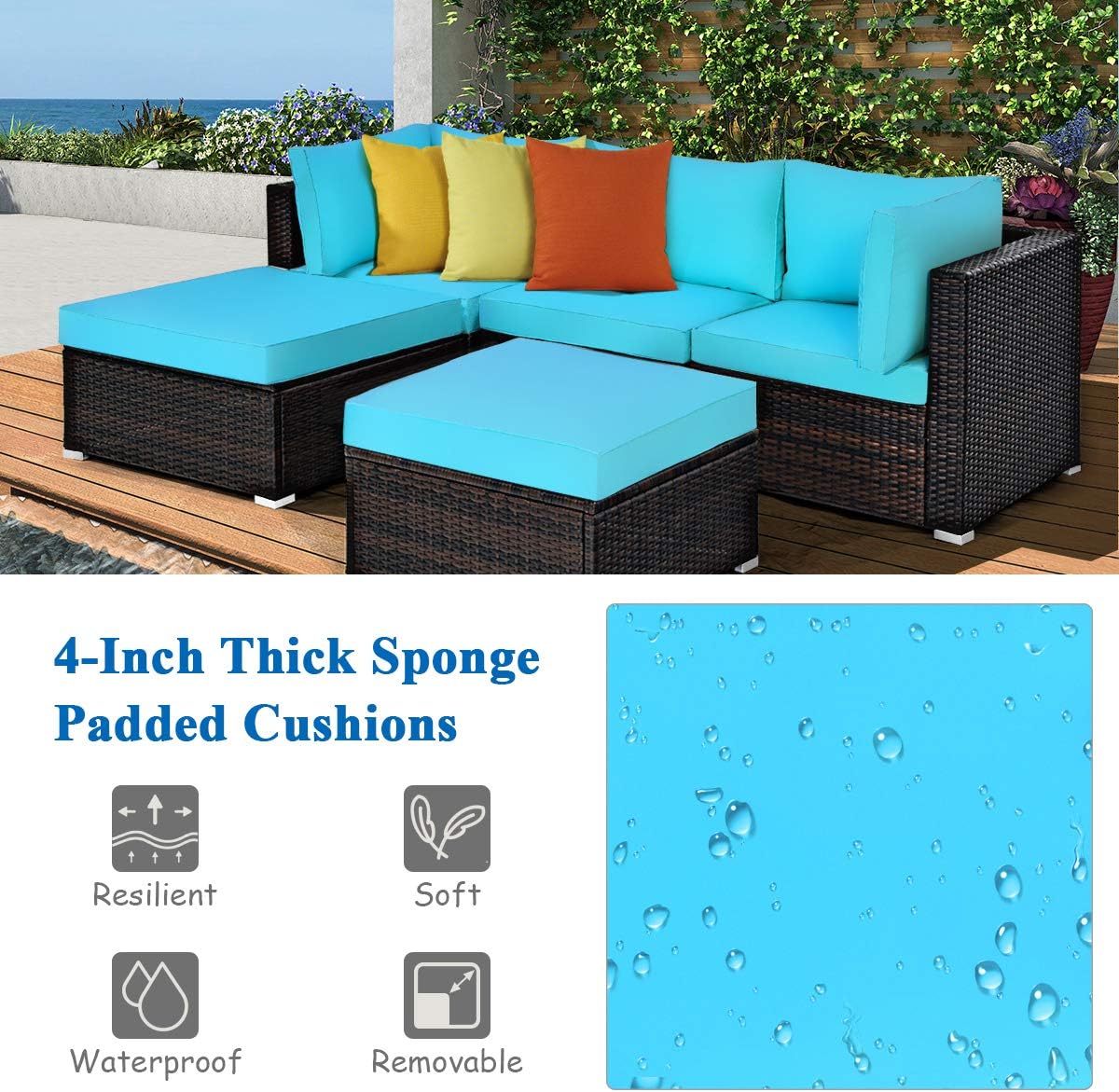 Tangkula 5 Piece Patio Furniture Set, Outdoor Sectional Rattan Sofa Set with Cushions and Coffee Table, Suitable for Backyard Porch Garden Poolside and Deck, Wicker Conversation Set (Turquoise)