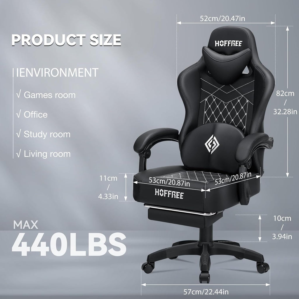 HOFFREE Gaming Chair with Speakers Massage Computer Gaming Chairs for Adults Reclining Bluetooth Game Chairs with Pocket Spring Cushion Video Game Chair with Footrest Computer Office Desk Chair Black