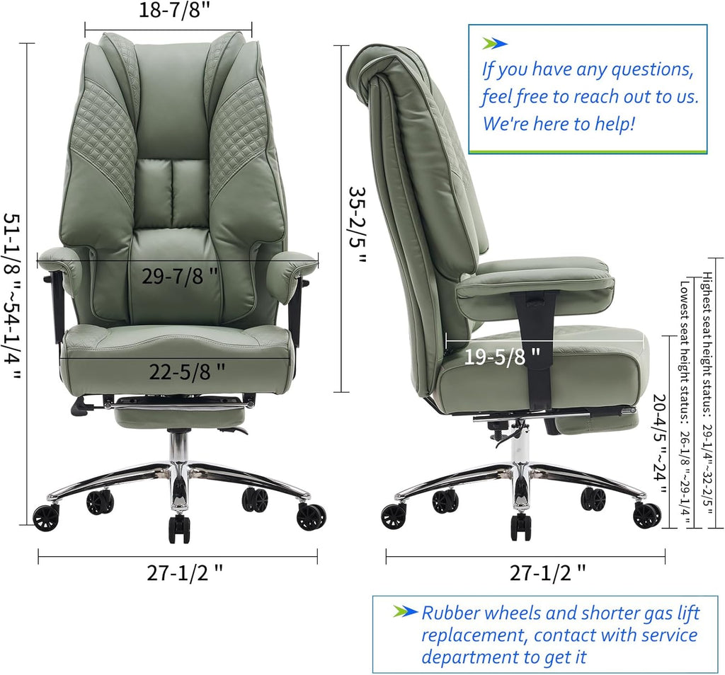 EXCEBET Big and Tall Office Chair 400lbs Wide Seat, Leather High Back Executive Office Chair with Foot Rest, Ergonomic Chairs Lumbar Support for Lower Back Pain Relief (Light Green)